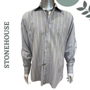 Stonehouse Men’s Striped Button-Up Dress Shirt Blue White Green – Size Large